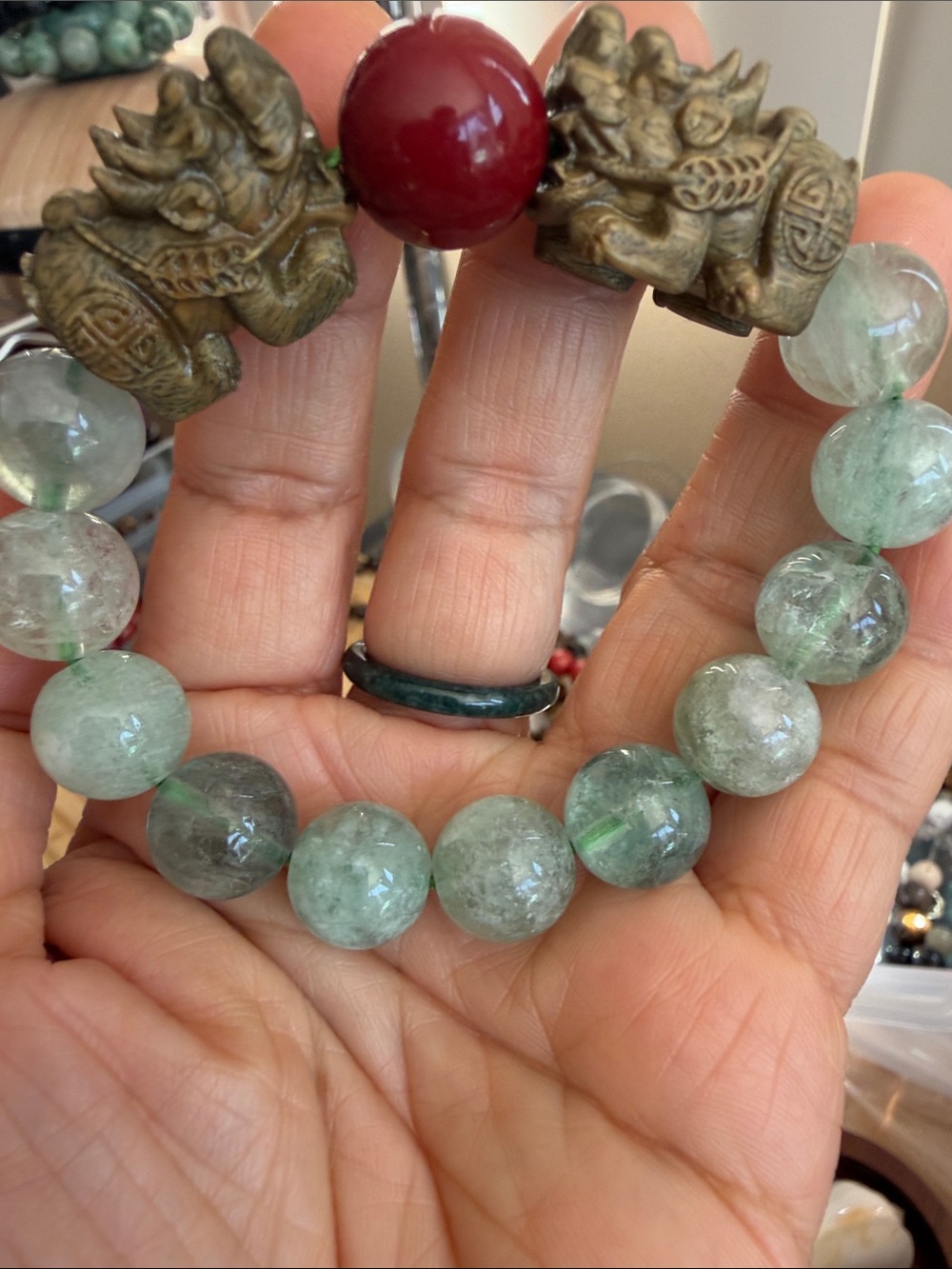 Green fluorite Stretch Bracelet with Pixiu pair and cinnabar bead top quality